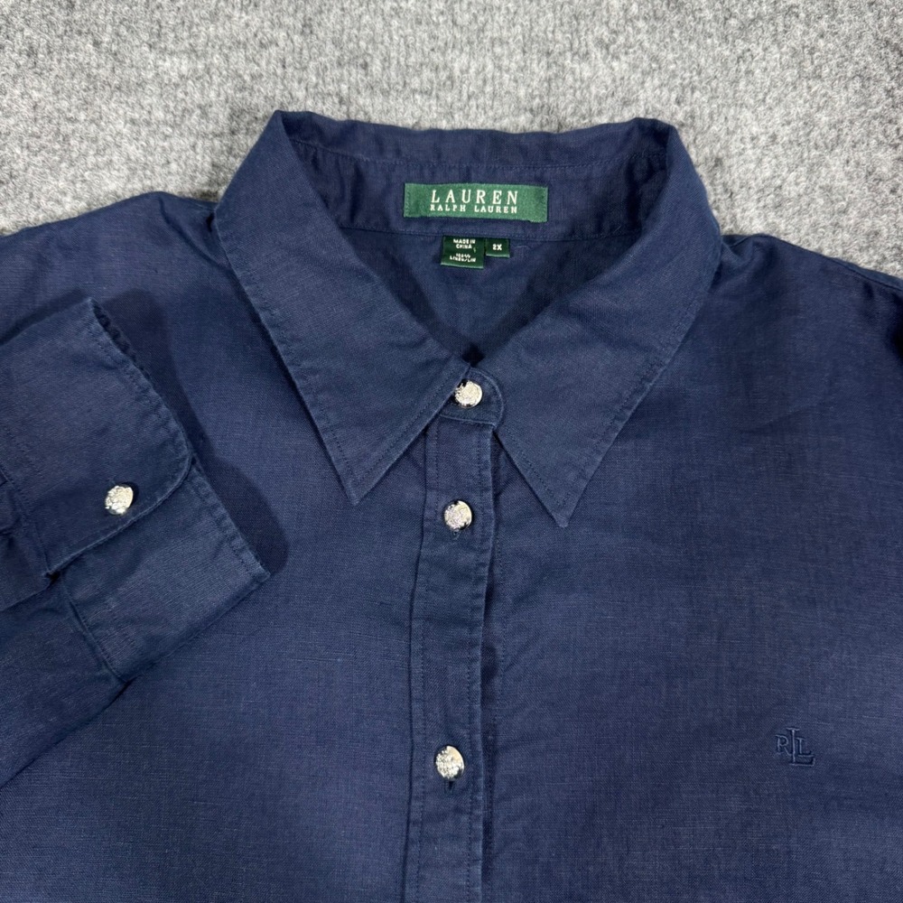 Lauren Ralph Lauren Linen Button Down Crest Navy Blue Womens 100% Linen 2X EUC